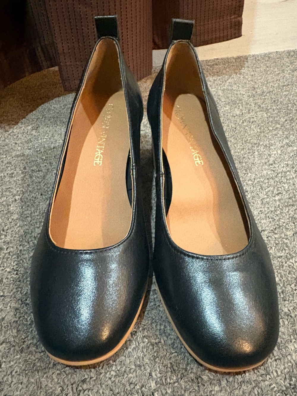 Crown Vintage Black Leather Rounded-Toe Block Heel.